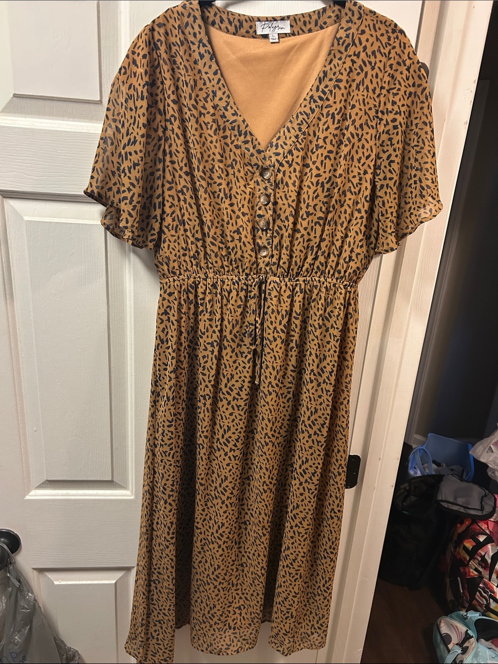 Polagram Mustard Midi Dress with Black Leopard Print
